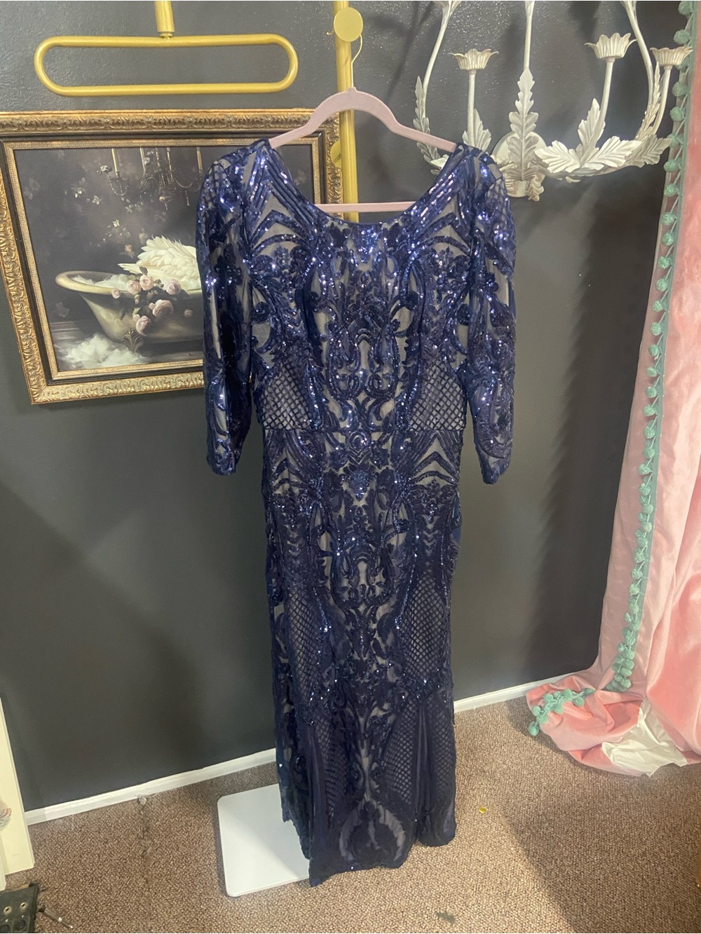 Alex Evenings Navy Long Sleeve Sequin Evening Gown
